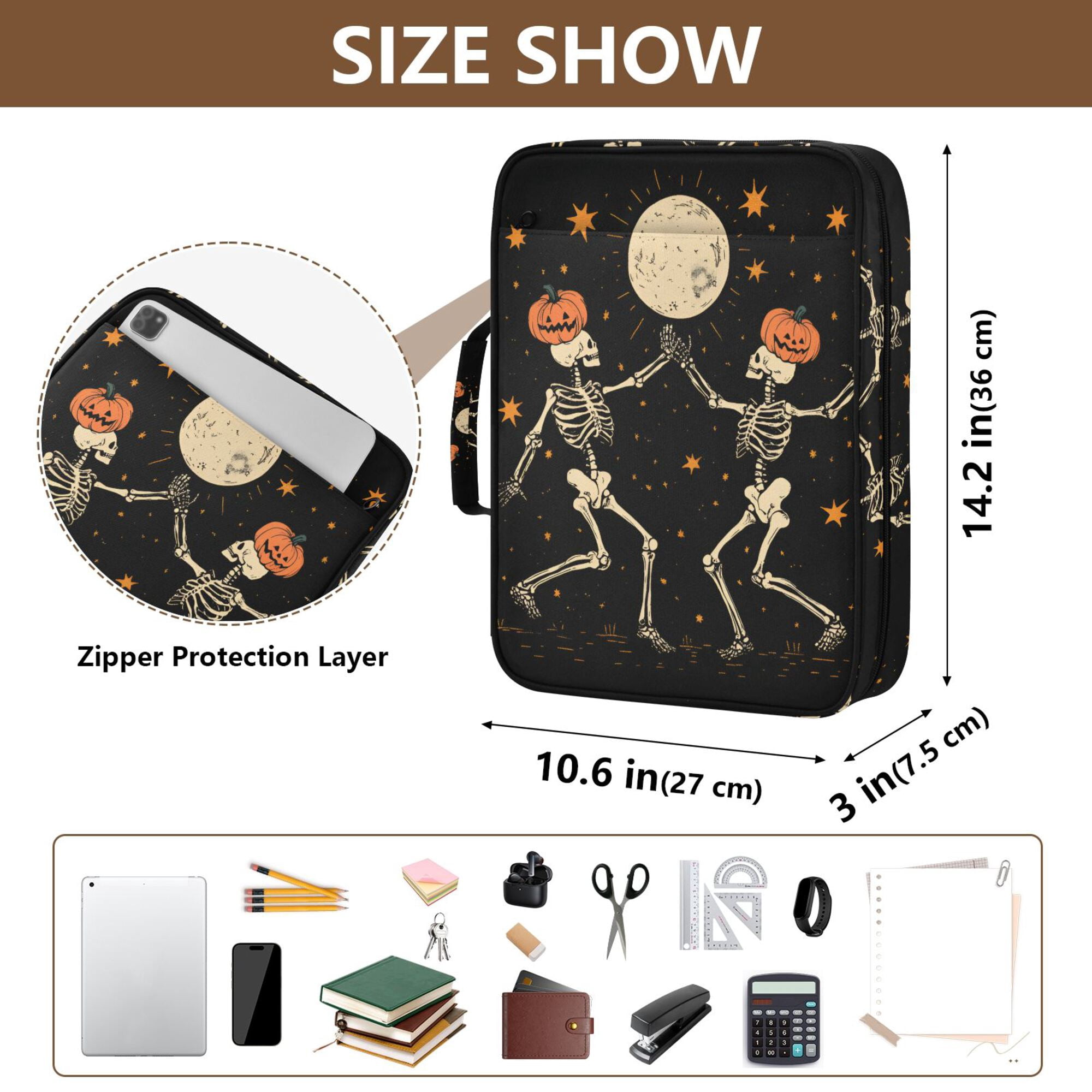 FORMRS Accordion File Folder A4 Size 7-Pocket Expanding Document Organizer Bag with 3 Ring Binder, Black Halloween Dancing