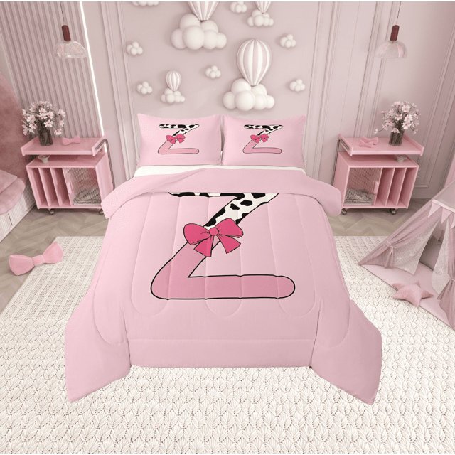 Erosebridal Letter Initial Z Comforter Sets Queen Size,Kawaii Bow Bedding Queen Comforter Set,Microfiber Reversible Bedding Sets Queen with Comforter,Cow Print Decor,3 Pieces