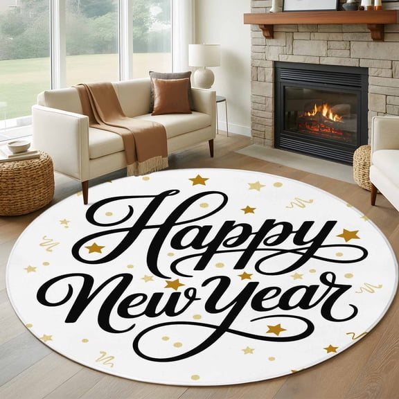 Happy New Years Round Rug 5ft Washable Circle Kitchen Rugs Non Slip Winter Holiday Yellow Stars Ribbons Large Area Rug Indoor Floor Carpet for Bedroom Living Room Home Office Dining Room Nursery