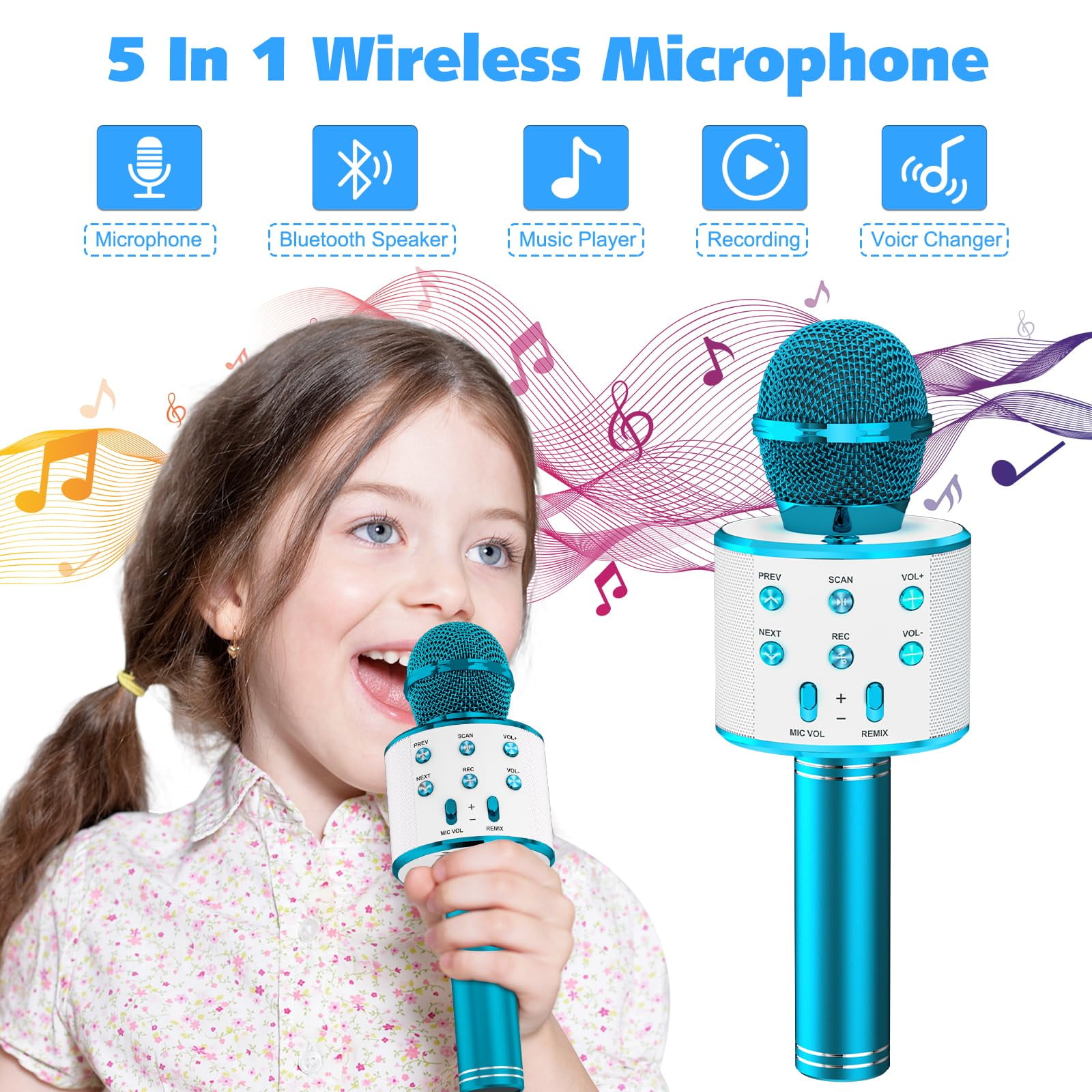 DAKIMOE Wireless Bluetooth Karaoke Microphone, Portable Handheld Singing Microphone for Kids Adults with Stereo Speaker and Voice Changer for All Smartphones, Gifts for Girls Kids Adults, Blue