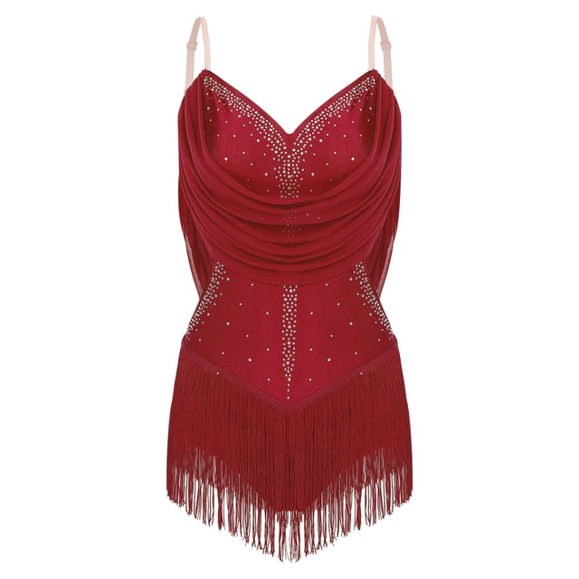 Yeahdor Robe de Cocktail Sans Manches pour Femmes Rumba Salsa Danse de Salon avec Franges Bourgogne m