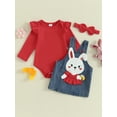 thumbnail image 2 of Suealasg Baby Girls Easter Skirt Set 3M 6M 9M 12M 18M Toddler Long Sleeve Romper Rabbit Suspender Skirt Bow Headband Infant Girls 3PCS Spring Cute Outfit, 2 of 9