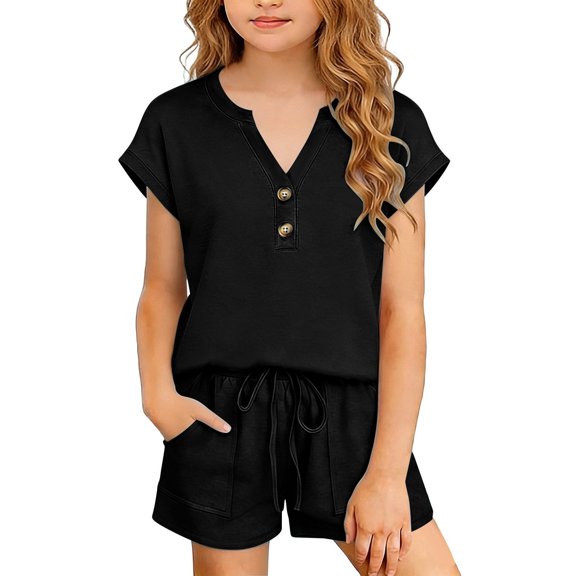 Atogsazn Girls Summer 2 Piece Outfit Kids Casual V Neck Short Sleeve Shirt & Shorts Set Loose Fit Outerwear Black 7-8 Years Fashion