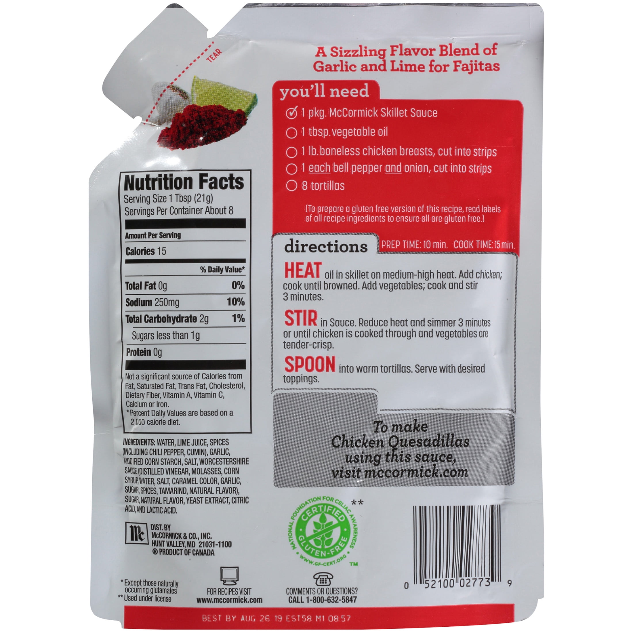 McCormick Gluten Free Gluten Free Fajita Skillet Sauce, 6.0 oz Pouch
