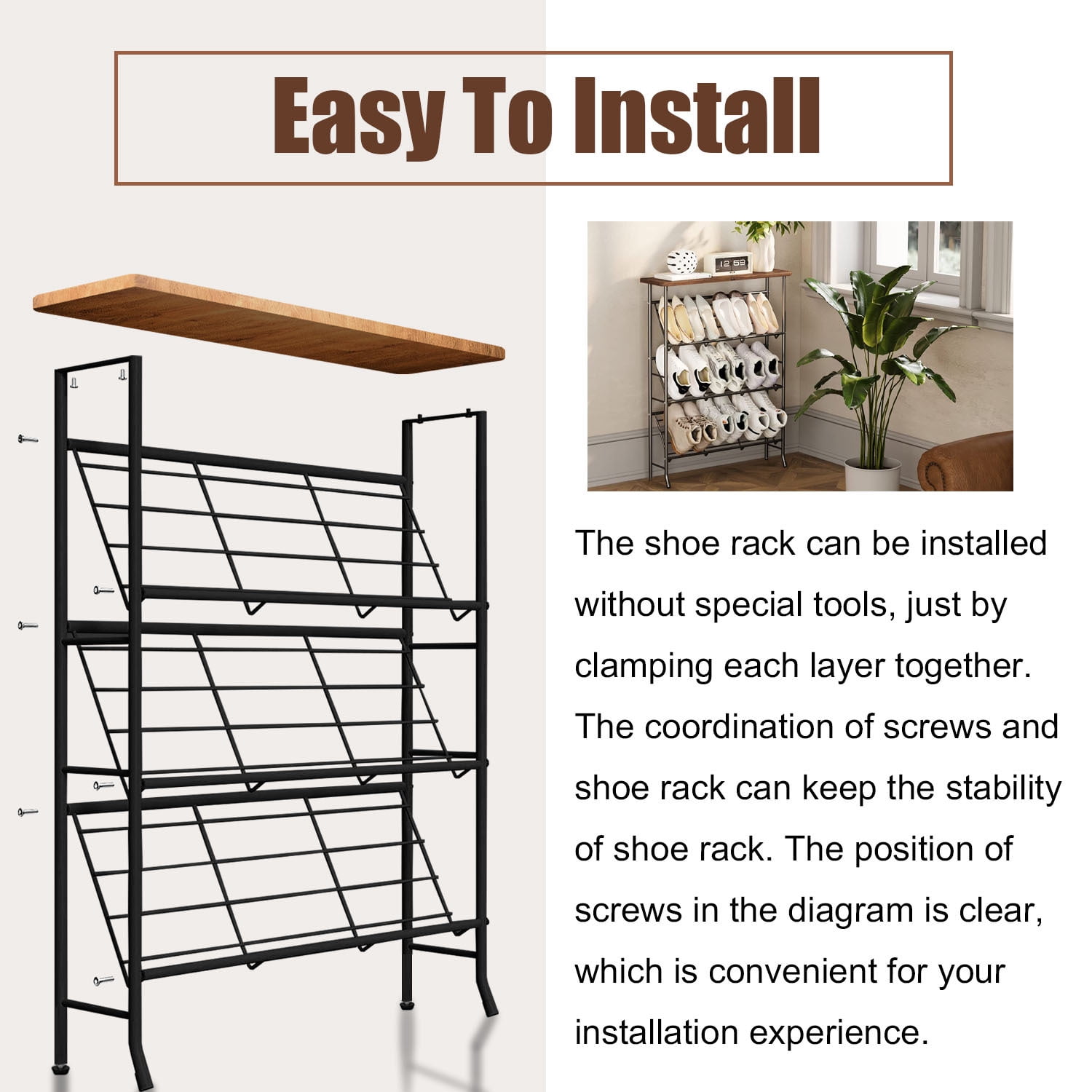 Luniquz 4-Tier Shoe Rack Organizer for Closet Entryway,Metal Iron Shoes Organizer with Wood Top ,Stackable Shoe Shelf for Doorway