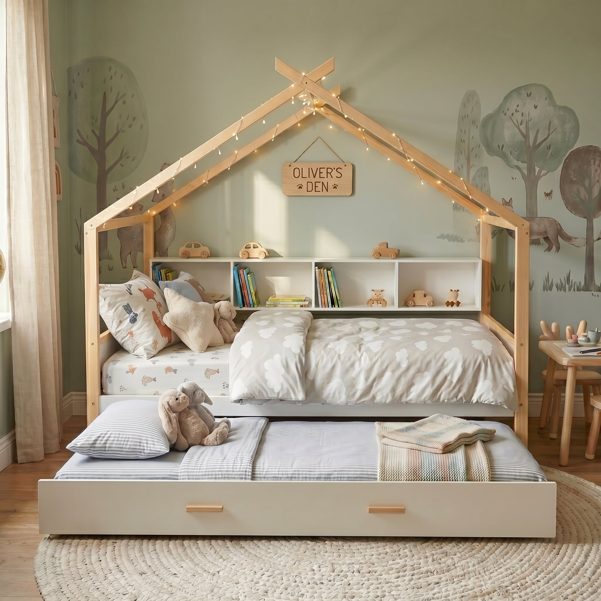 Euroco Wood Twin Size House Bed with Bookcase and Trundle Bed, White