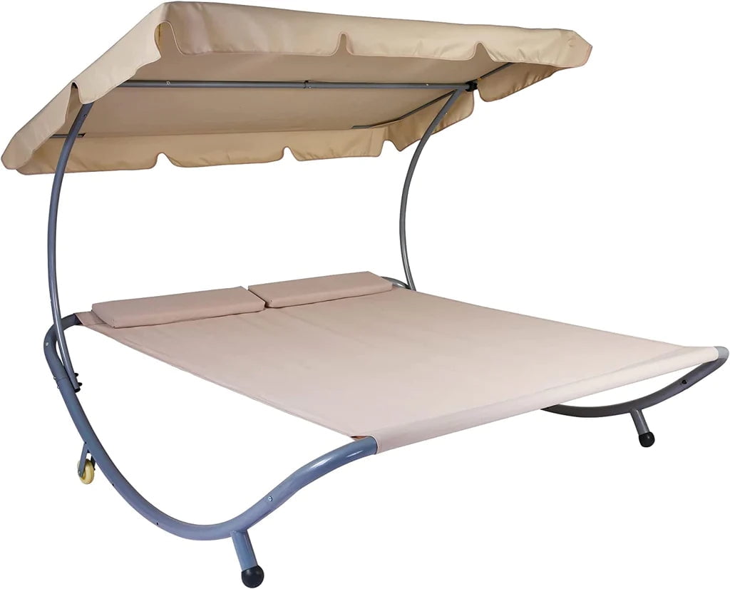 Patio Lounge Chair w/ Adjustable Canopy and Pillows, Outdoor Double