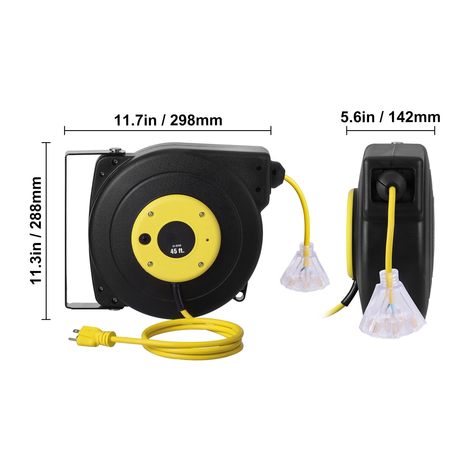 KFFKFF Retractable Extension Cord Reel, 45 FT, Durable 12AWG/3C SJTOW Power Cord with Illuminated Triple Outlet, 15 Amp Circuit Breaker, and 180° Swivel Mount for Ceiling or Wall Installation