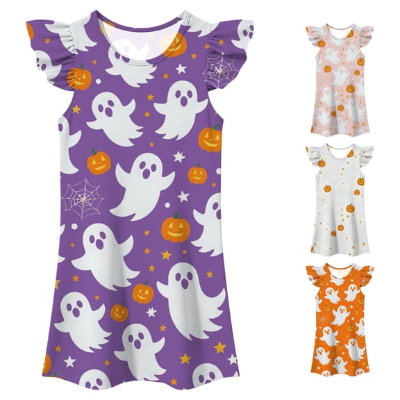 HNMKIU Halloween for Girls Flutter Sleeve Nightgown Summer Casual Halloween Print Dress Cute Toddler Sleepwear Party for Daily Wear Purple - 4-5 Years