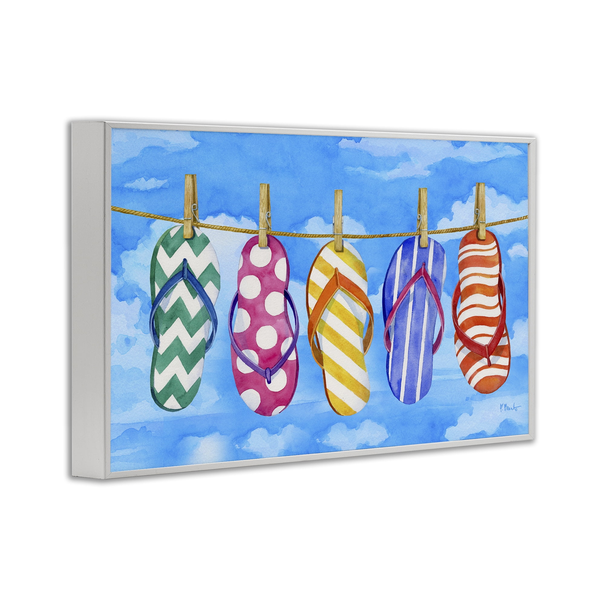 Stupell Industries Flip Flops on Clothesline Beauty & Fashion Painting White Framed Art Print Wall Art, 18 x 12