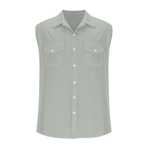 LADIGASU Men'sCasual And able Loose Button Sleeveless Stand Up Collar Shirt