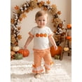 thumbnail image 4 of BemeyourBBs Toddler Baby Girls Halloween Thanksgiving Outfits Infant Baby Girl Summer Fall Clothes Cute Pumpkin Embroidery Ruffled Short Sleeve T Shirt Tops and Flared Pants Set, 4 of 9