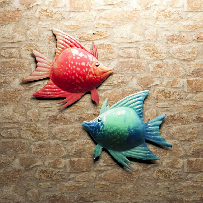Coastal Ocean Sea Metal Fish Wall Art Decor Set of 2 for Indoor /Outdoor Hanging - Sculptures for Home, Bathroom, Garden, Patio, Pool Fence, Size: 10*