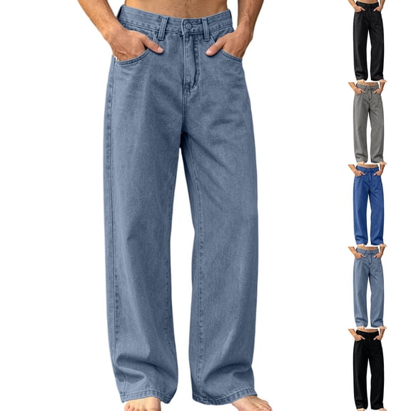 TKKCS Mens Washed Straight Leg Jeans- Relaxed Fit Casual Zip Button Fly Wide Leg Denim Pants Sky Blue Size XL