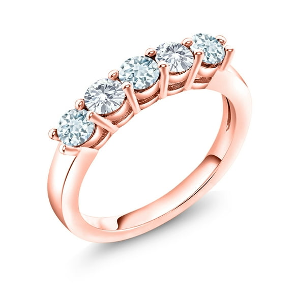 Gem Stone King 18K Rose Gold Plated Silver Sky Blue Aquamarine and White Moissanite 5-Stone Wedding Anniversary Band Ring for Women (0.83 Cttw, Gemstone March Birthstone, Size 9)