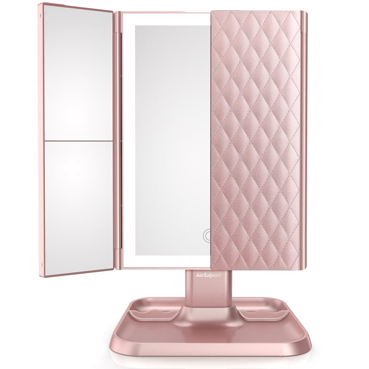 AirExpect Makeup Mirror Vanity Mirror with 1 x 2 X 3 X Magnification Vanity Mirror with 72 LEDs Touch Control Dual Power Supply Portable Cosmetic Mirror, Women Gift, Pink