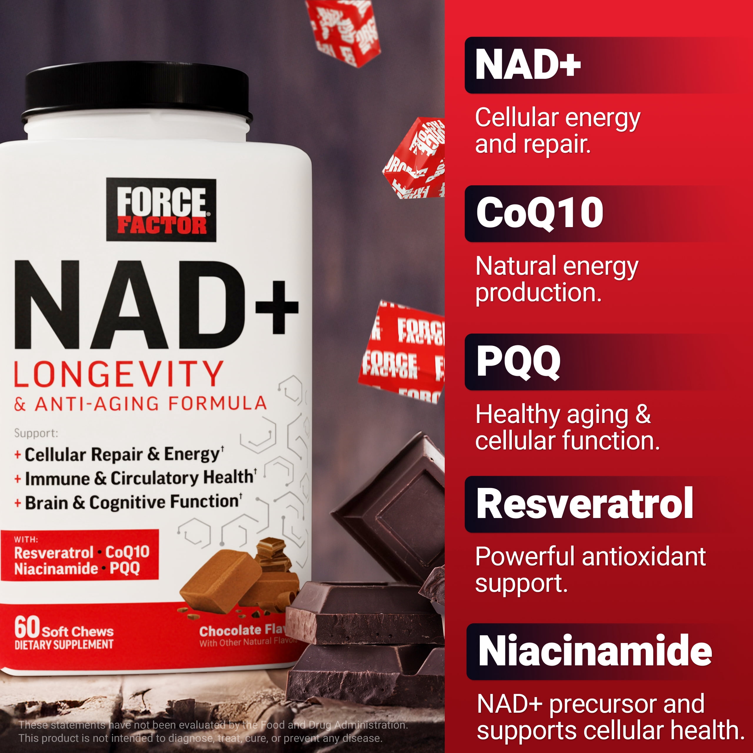 Force Factor NAD+ Longevity, Healthy Aging NAD Supplement, Resveratrol & Nicotinamide for Cellular Energy & Cognitive Health, Chocolate, 60 Soft Chews