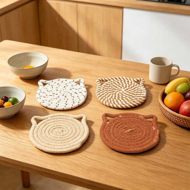 4 Pack 4.3 Inch Ear Shape Rope Drink Pads Heat Protection With Storage Stand For Kitchen Table
