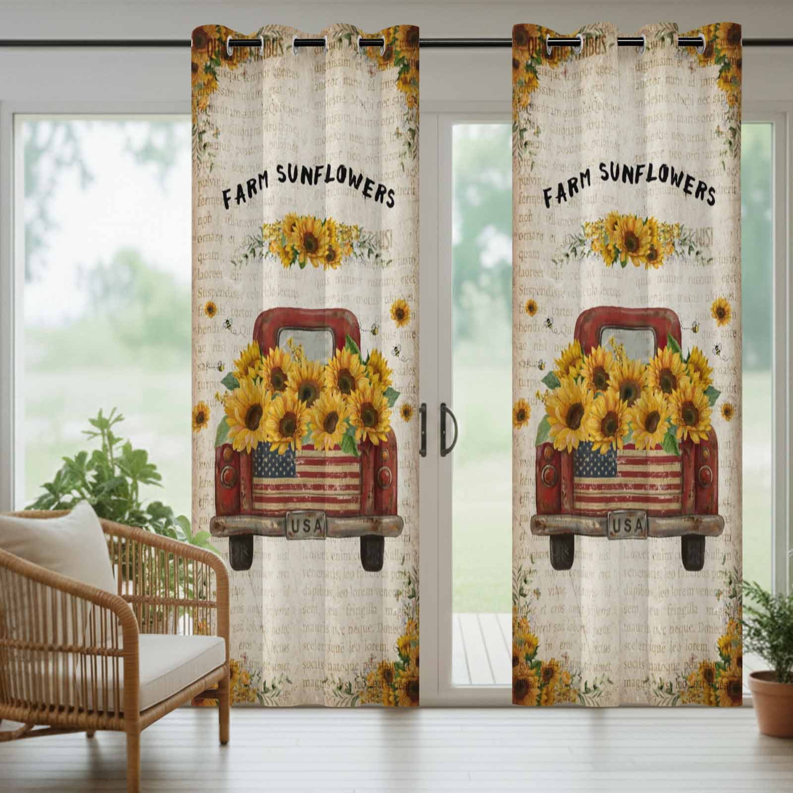 Outdoor Curtains for Patio Waterproof, Vintage Sunflower Truck Outdoor Privacy Panels Grommet, Summer Botanical Pastoral Retro Art Blackout Outside Curtains for Porch/Cabana 54"x95", 1 Panel