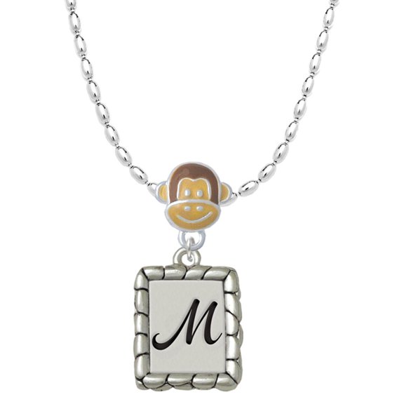Delight Jewelry Silvertone Pebble Border Initial - M Mia Monkey Charm Necklace