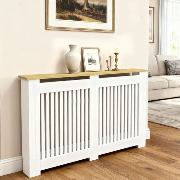 LUVODI Modern Slatted Vertical White Radiator Cover With Wood-grain Top Mdf Wood Grill Shelf