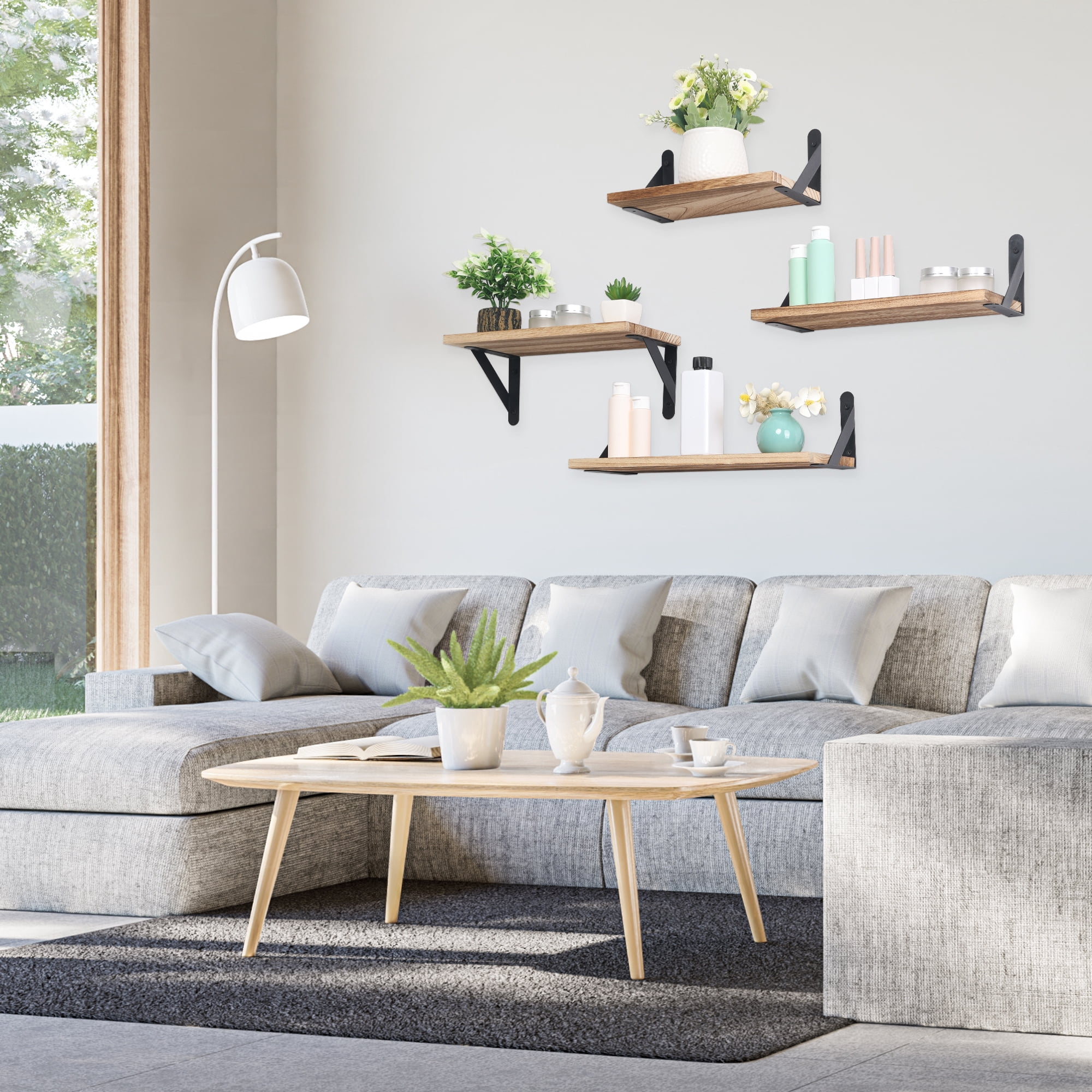 REGALWOVEN 4 Pack Wood Floating Shelves, Wall Mounted Shelves for Bathroom Bedroom Living Room, and Kitchen Brown 16.5*6.1in
