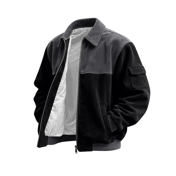 Bomber Jacket Men Zip Up Lightweight Corduroy Jackets Casual Stylish Fall Winter Coats Windbreaker Clothing with Pockets Black M