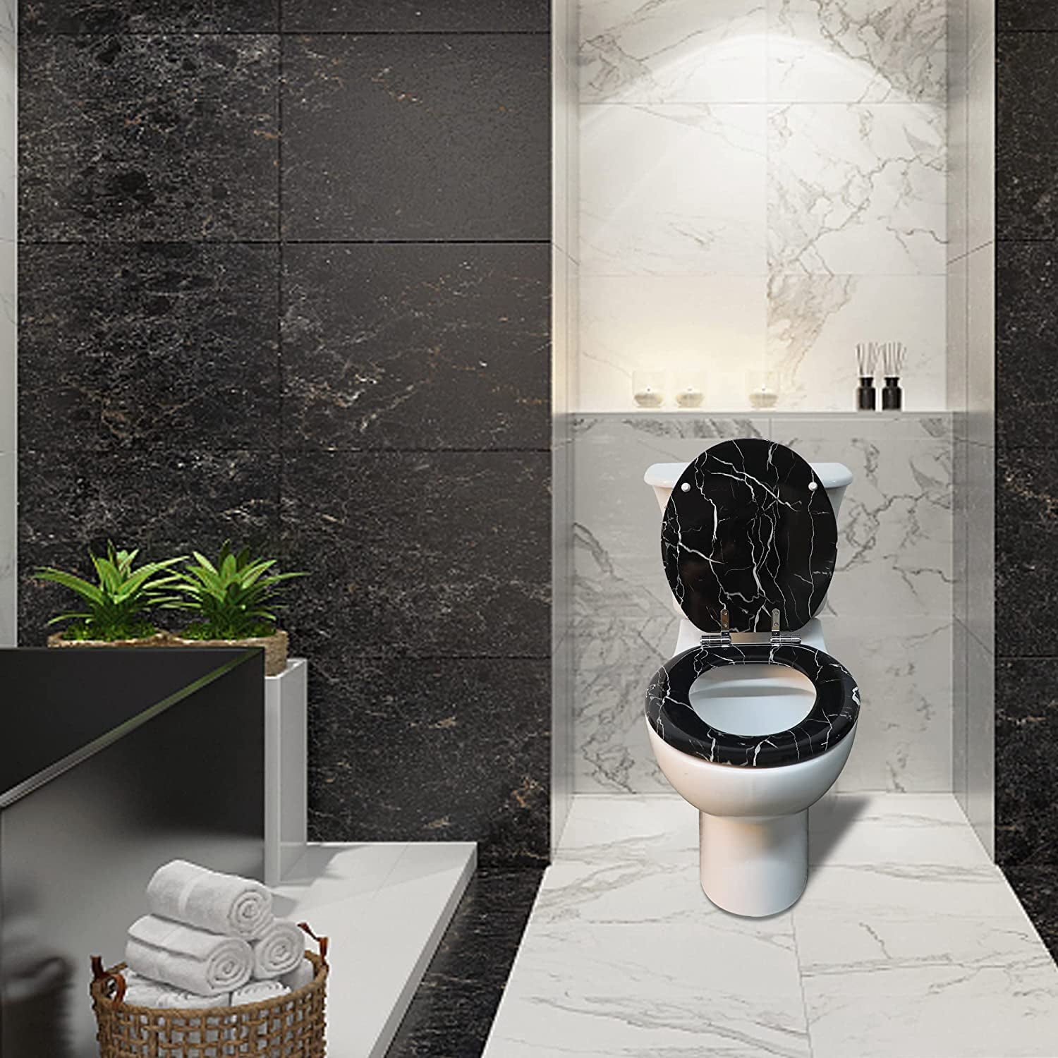 Marble Toilet Seat Durable Molded Wood with Quiet Close,Easy Clean，Quick-Release Hinges (Elongated,Black Marble)
