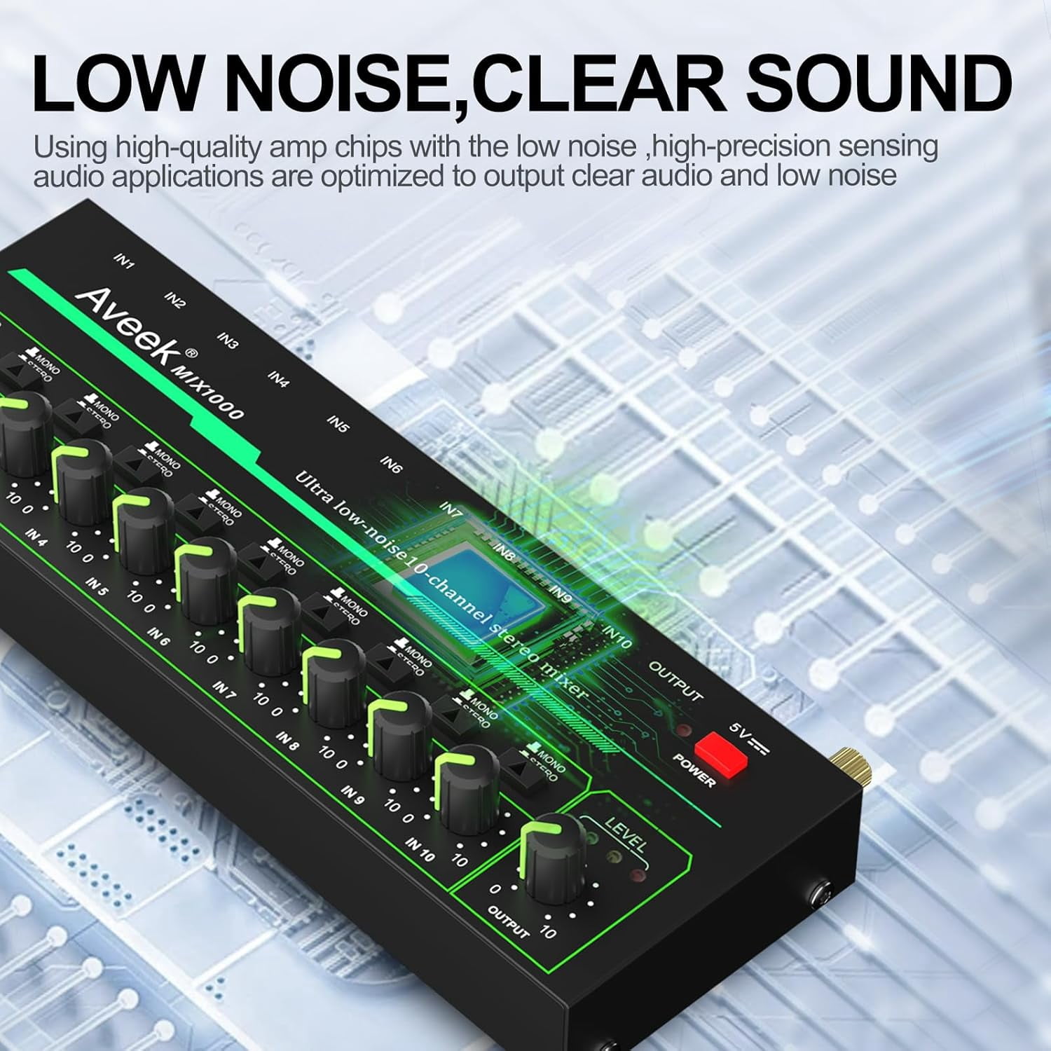 Aveek 10 Channel Mixer - Mini 10 Stereo Audio Mixer, Low-Noise for Precision Sub-Mixing,1/4" TRS Ideal for Mics/Guitars/Bass/Stage