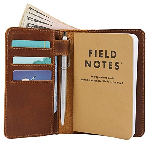 Funda cuero billetera notas campo memo - bolsillo 3.5x5.5, bolsillo dinero, cuero grano superior, múltiples bolsillos, soporte bolígrafo