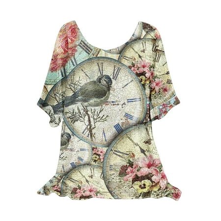 

Women Summer Casual Tops Cotton Linen Floral Print Tunic Blouse Loose Short Sleeve Pullover Shirt Flowy Beach Tee