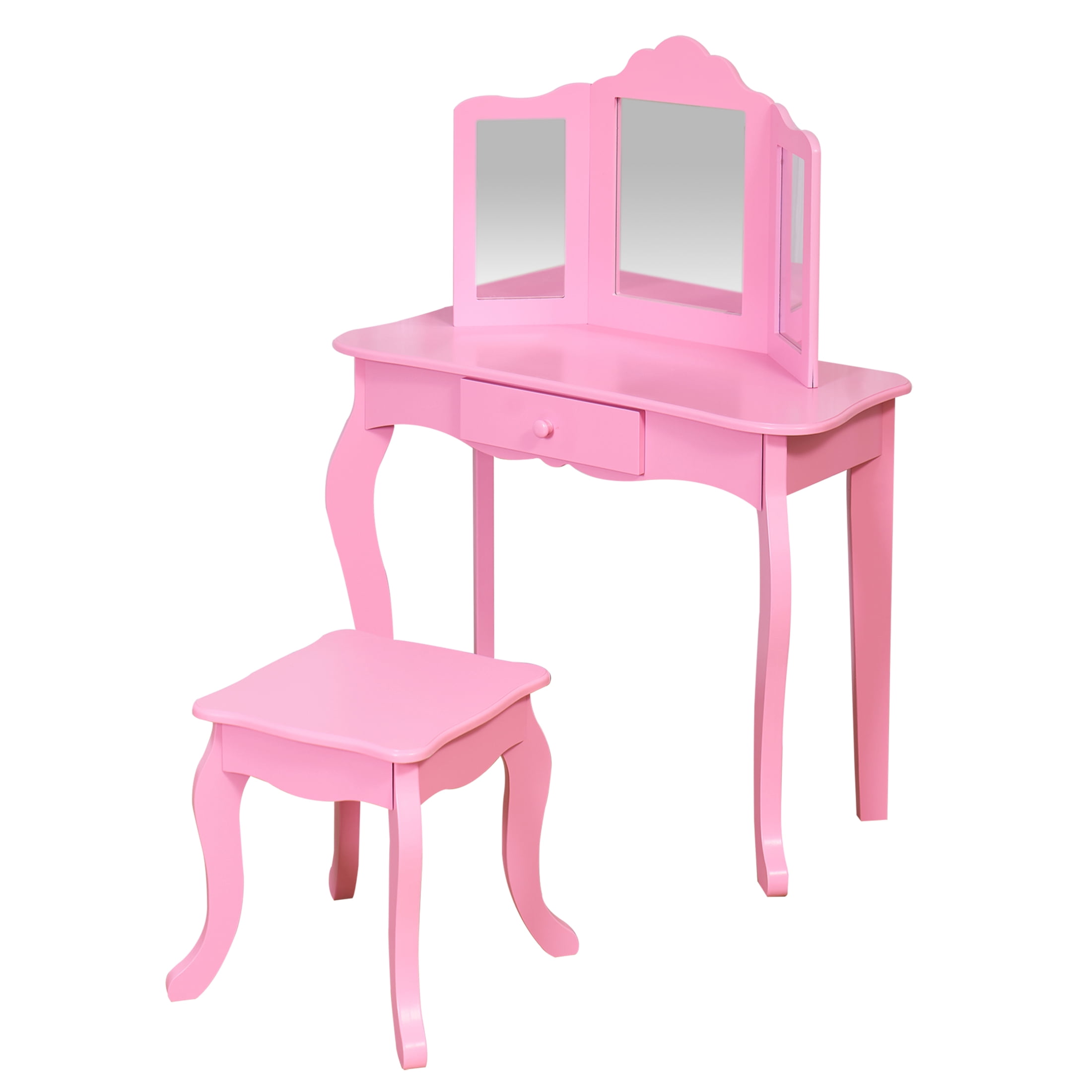Your Zone Kids Wooden Vanity Table And Stool Set With 3 Mirrors,Pink,3 Year Old Up