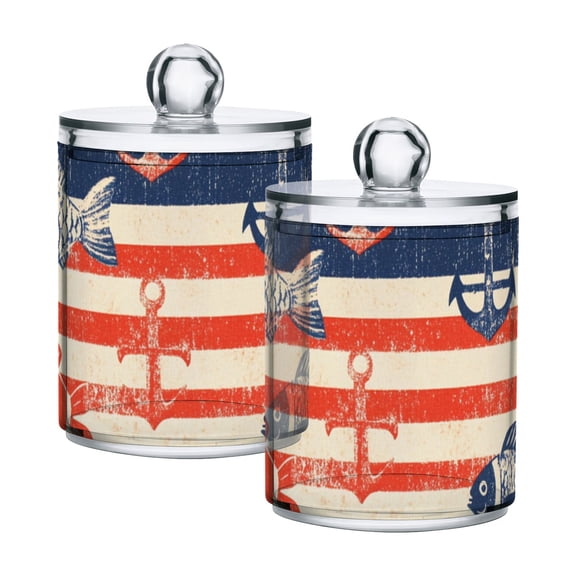 Nautical Stripes with Fishes Kellegs Translucent Plastic Cans Storage Canisters with Lid Set of 2