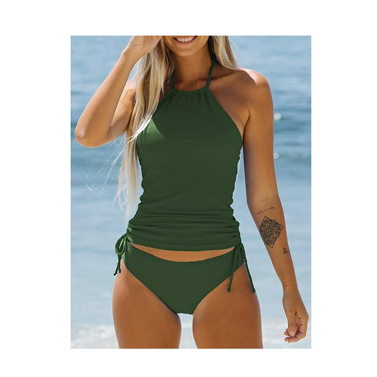 Licupiee Women Sexy Halter Tankini Set High Neck Swimsuits Full Coverage Drawstring Side Mid Rise Bathing Suits 2 Piece Swimwear