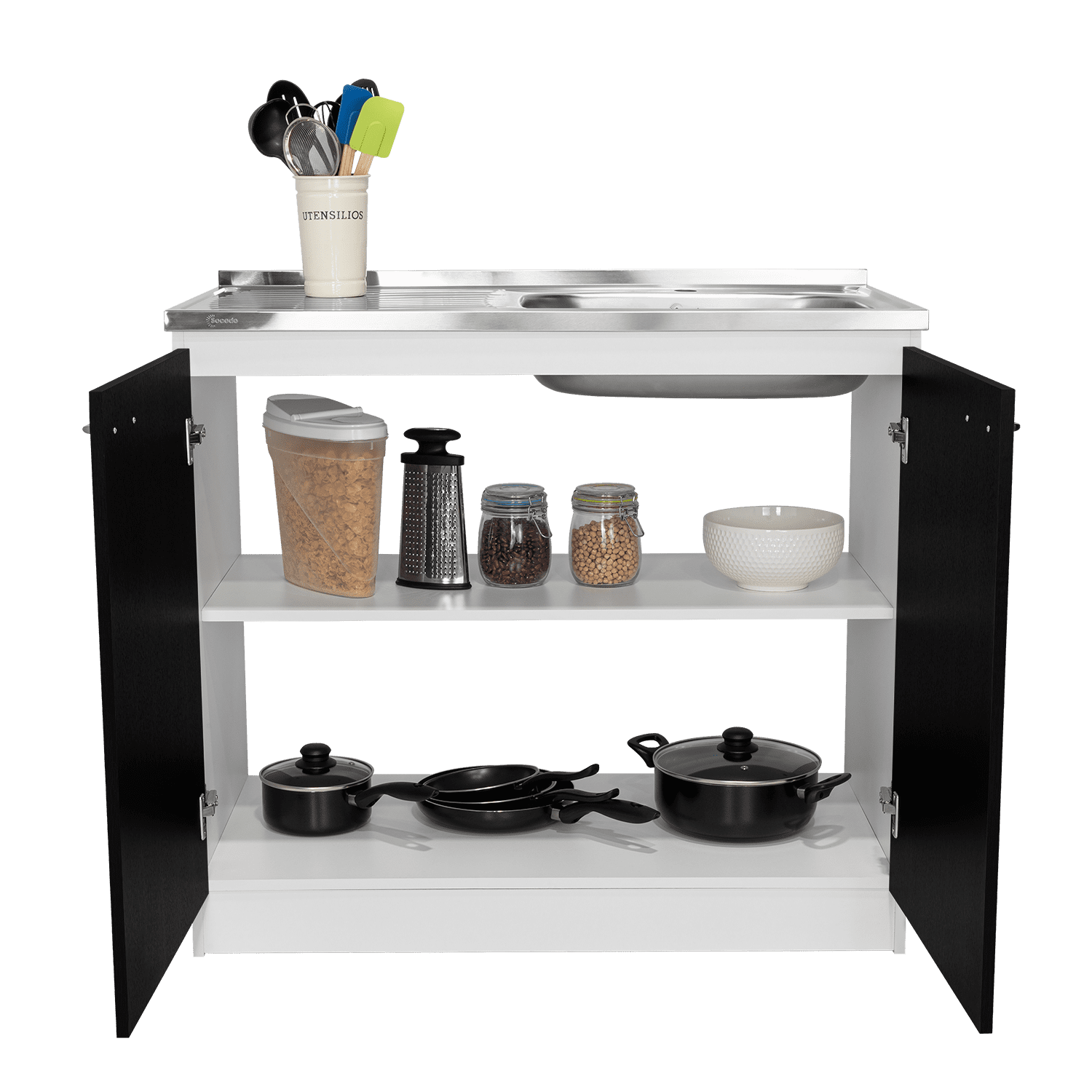 Utility Sink with Cabinet, Double Door Storage & Shelf, White/Black Kitchen Sink Base, 39.3"W X 20.5"D X 35.4"H, Easy Assembly (Faucet Not Included)