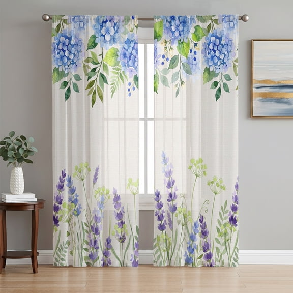 Blue Hydrangea Sheer Curtains 84 Inch Length 2 Panels Set, Farmhouse Country Wild Flowers Beige Voile Window Treatment Rod Pocket Curtains Sheers Drapes for Bedroom/Living Room/Kitchen 52"x84"x2
