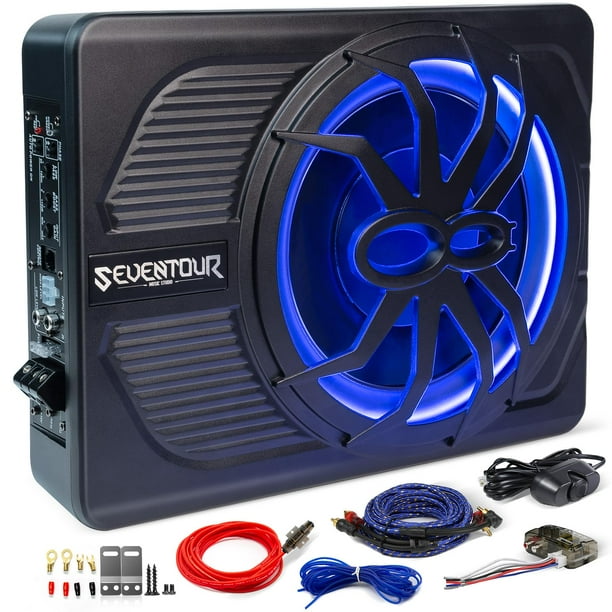 Seventour subwoofer para automóvil con alimentación para debajo del asiento, delgado, de 10 pulgadas, 800 W, amplificador incorporado de audio para automóvil/camión, nueva actualización con luz ambien