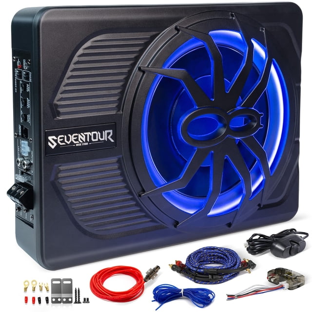 Seventour subwoofer para automóvil con alimentación para debajo del asiento, delgado, de 10 pulgadas, 800 W, amplificador incorporado de audio para automóvil/camión, nueva actualización con luz ambien
