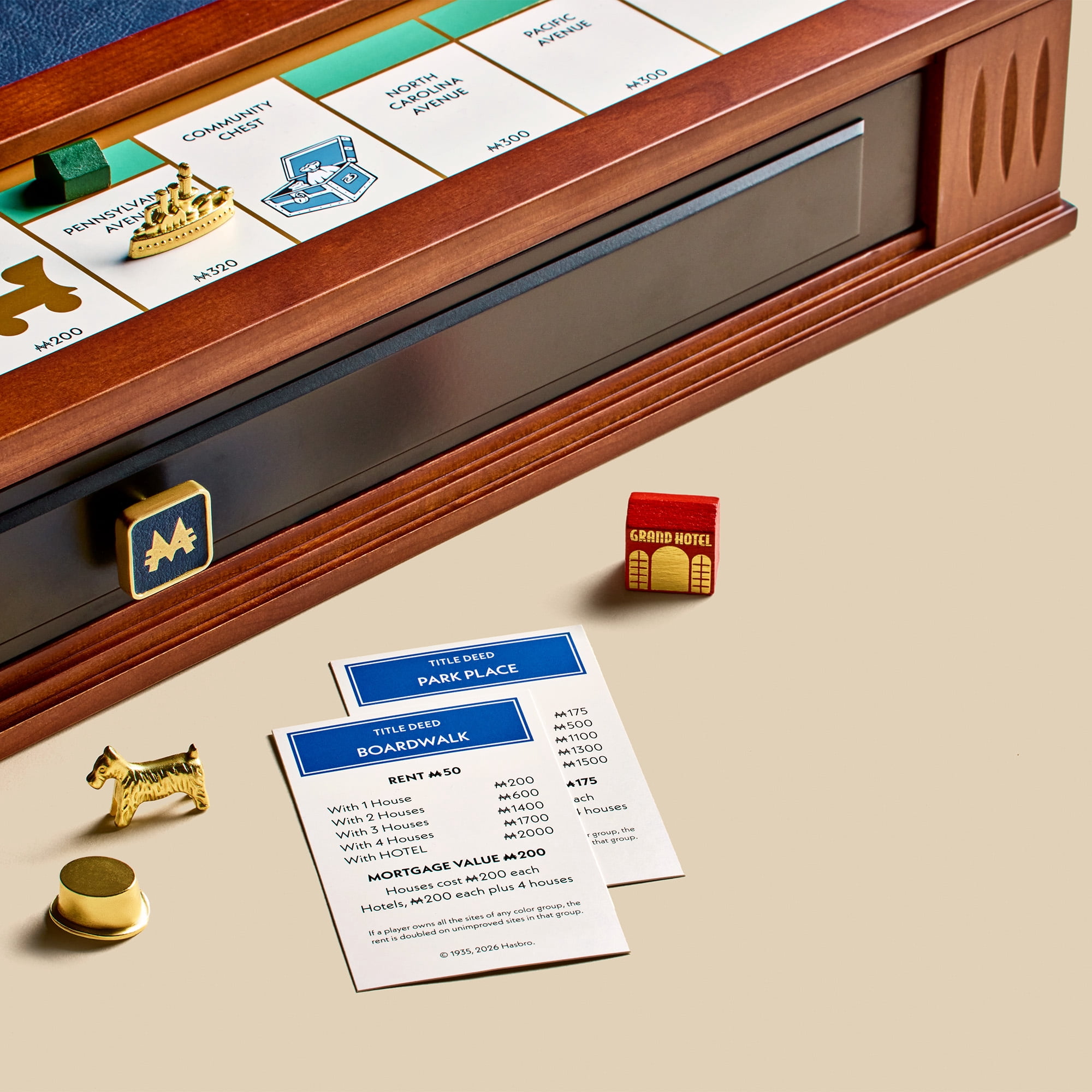 Monopoly Legacy Edition by WS Game Company — Deluxe Cherry Wood Cabinet with Vegan Leather Rolling Area — Premium Collector’s Board Game featuring Two Storage Drawers, Gold-Toned Tokens, Wood Houses
