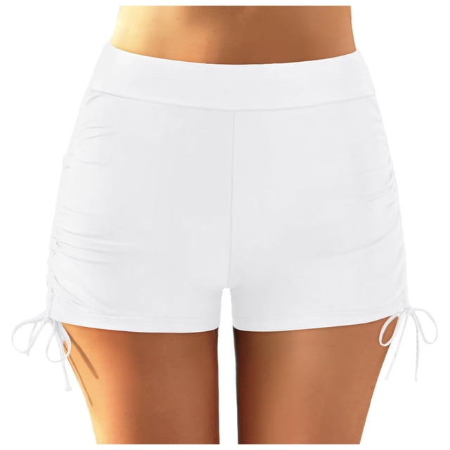 Riforla Swim Shorts for Women Plus Size High Waist Ruched Full Coverage Beach Shorts with Drawstring for Sports Bathing Suit Bottoms for Women White M