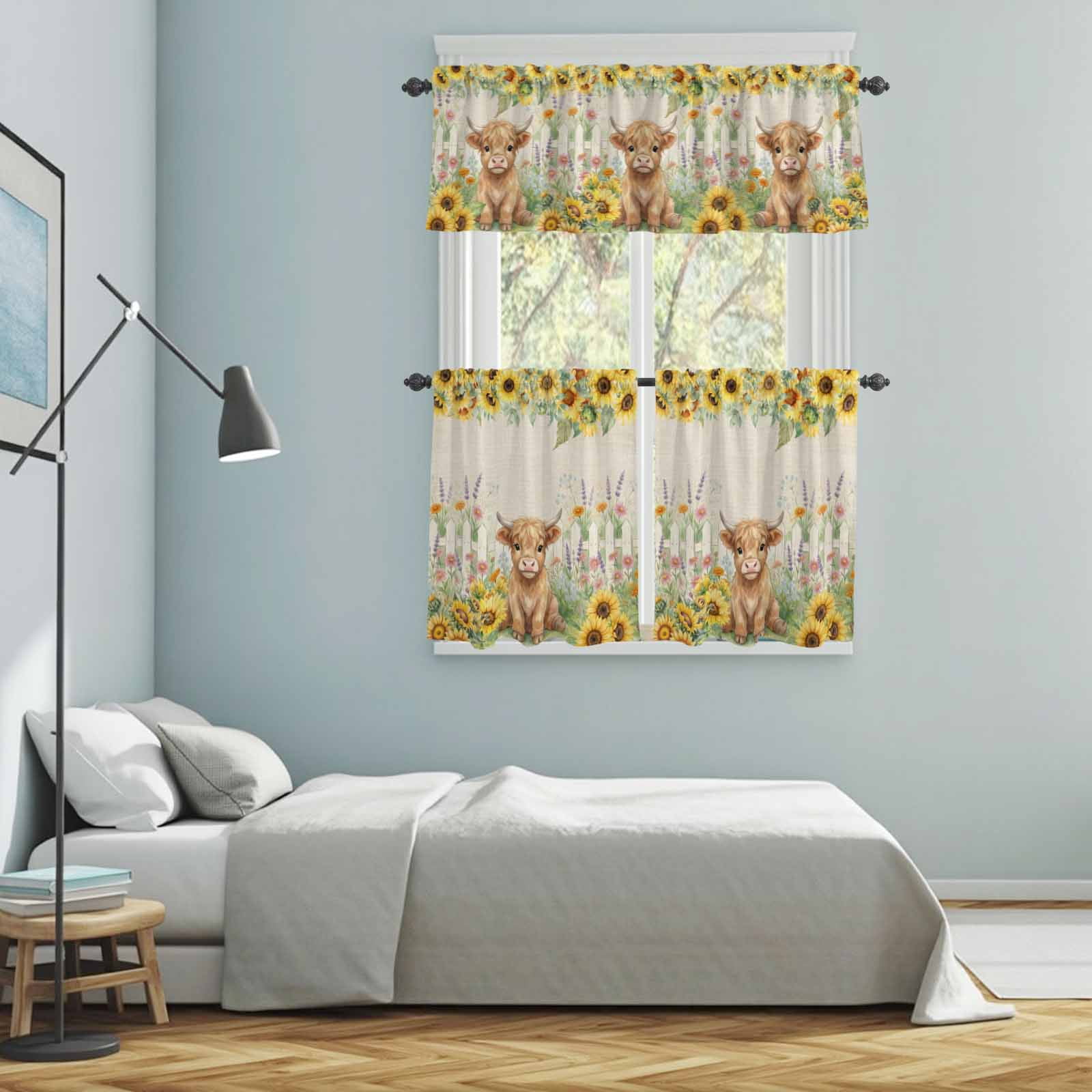 Farm Highland Cattle Kitchen Curtains Valance and Tier Set Farmhouse Sunflower Cow Fence Linen Texture Rod Pocket Short Curtains for Small Window 3 Pieces Set for Bedroom Cafe (54" x 18"+27" x 24")