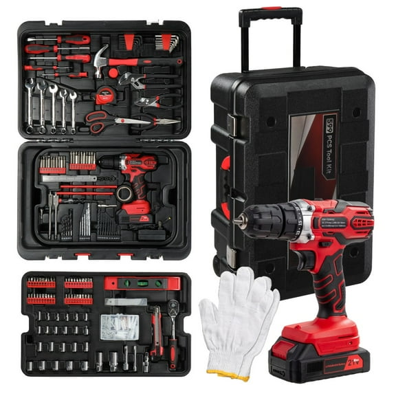 IVV 599 Pcs Mechanic Tools Kit with Drill, 21V Cordless Power Drill Combo Tool Set, Auto Repair Tool Kit with Rolling Tool Box, General Household Tool Set for Garden Office Home (Black and Red)