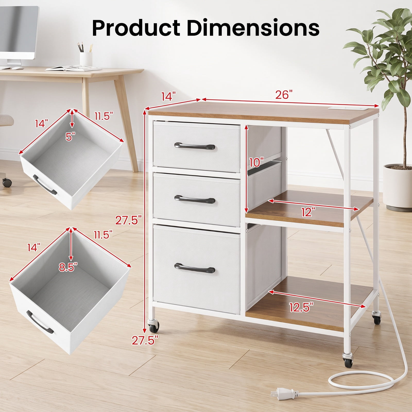 Furnibear 3 Drawer Mobile File Cabinet with Charging Station Rolling Printer Stand with Open Storage Shelves for Home Office Filing Document, Natural