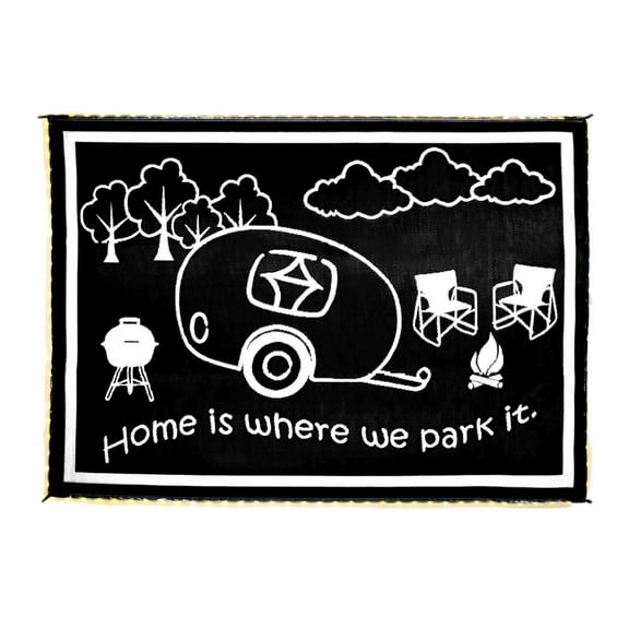 Stylish Camping Lighted Mat, 8' x 11', Black/White, Reversible, RV Patio, with LED Lights