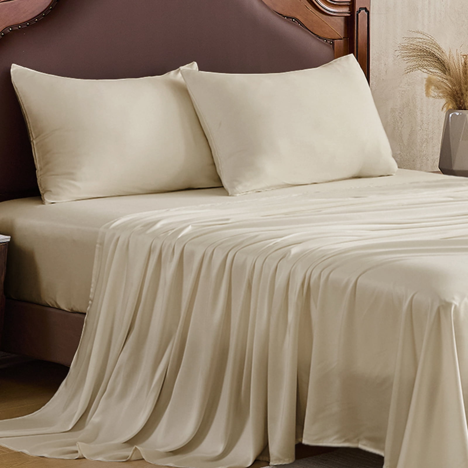 Hitime 4PC Bamboo Queen Sheet Set, Deep Pocket Fit 16", Breathable Super Soft Luxury Hotel Style Home Decor Queen Size Sheet Set, Gift for Women, Men - 2 Pillowcases, 1 Flat Sheet, 1 Fitted Sheet