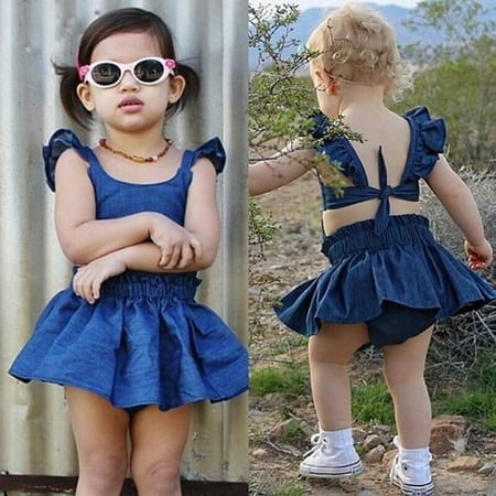 

Baby Girl Kid Toddler Summer Denim Jeans Tutu Short Mini Dress Outfit Sundress