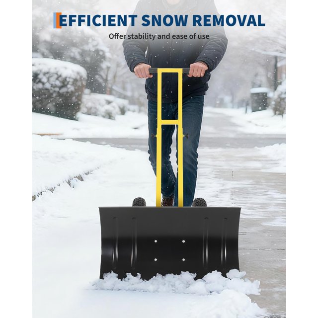COZONY Pelle à Neige Robuste avec Roues, Lame en Métal 29 Pouces L x 14 Pouces H, Manche à Angle et Hauteur Réglables, Pousse-Neige à Roues pour Entrée, Trottoir, Cour, Plaque de Pelle Noire + Poteau Jaune + Rebord Jaune