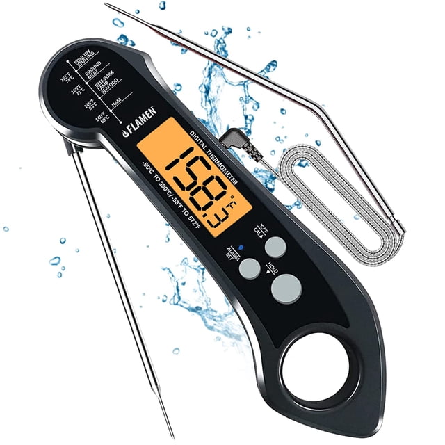 Flamen Digital Meat Thermometer, 2 in1 Dual Probe Food Thermometer with Backlight, Temperature Alarm, Waterproof Instant Read Meat Thermometer for Kitchen, Deep Frying, Baking,Turkey, BBQ (Black)