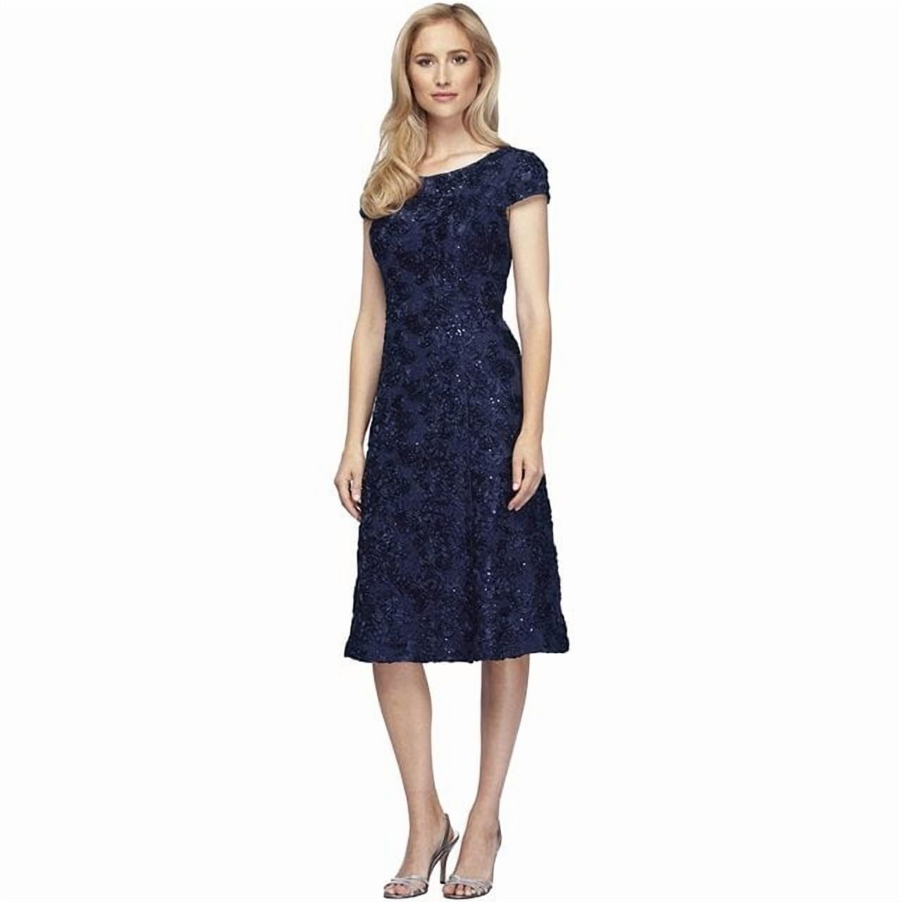 alex evenings women's tea length dress with rosette detail Alex Evenings NAVY Women's Tea Length a-Line Rosette Dress, US 14