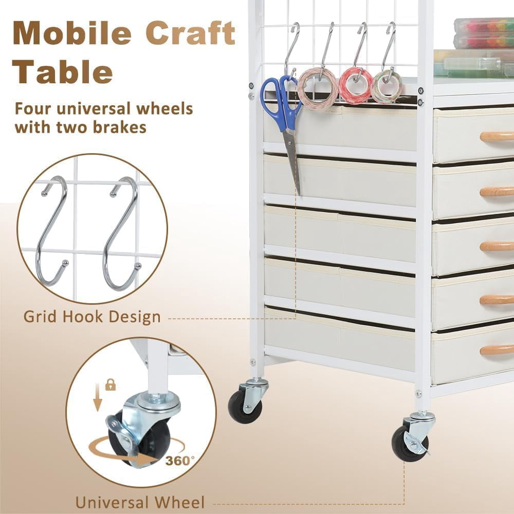 LUCKUP Organization and Storage Craft Table for Cricut Machines, Rolling Cart Cabinet with 28 Vinyl Roll Holders and 5 Drawers